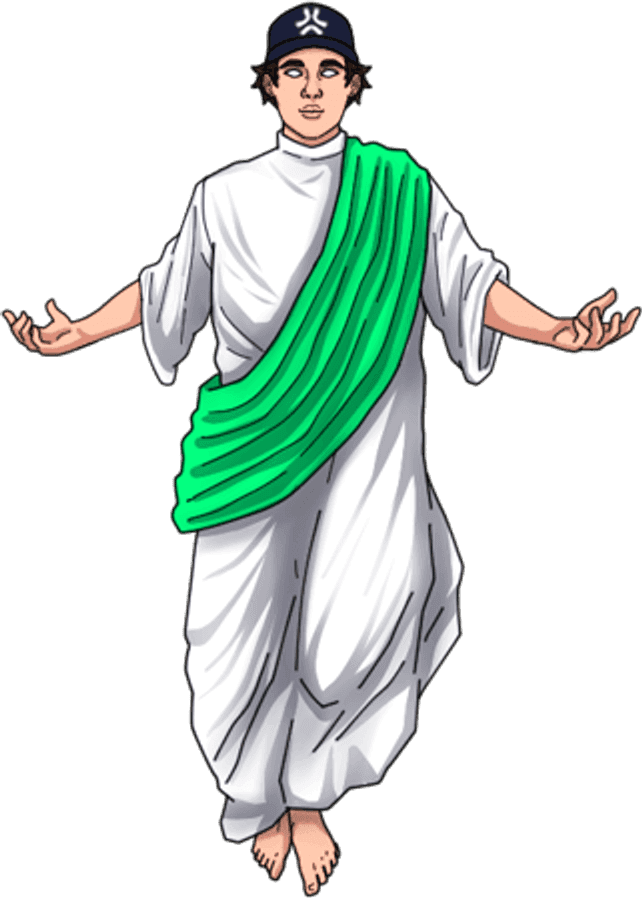 Abstract God, arms outstretched in a green robe